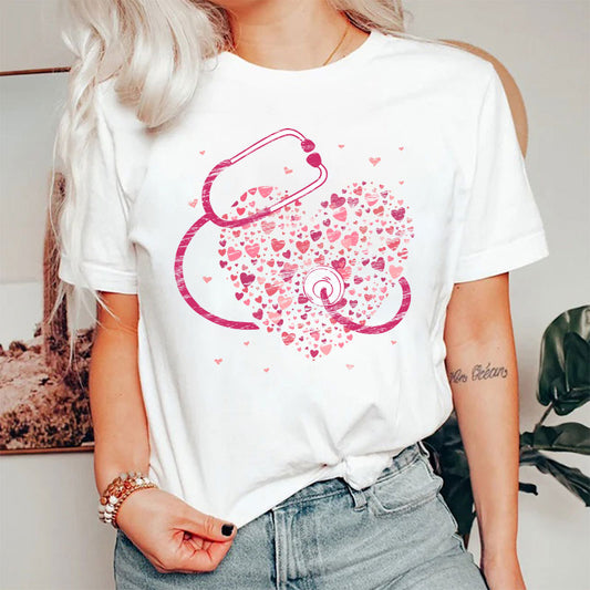 Pink Stethoscope And Hearts Valentine Nurse T-Shirt