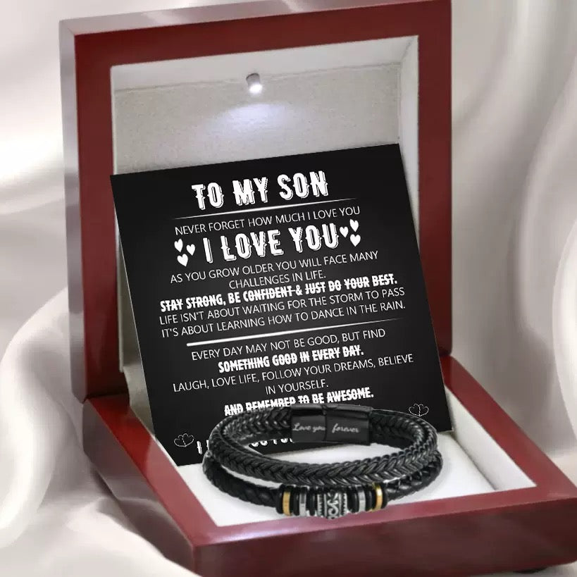 Custom Engraved Black Braided Leather Bracelet – Perfect Gift for Son
