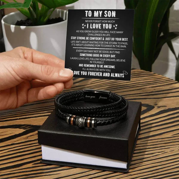 Custom Engraved Black Braided Leather Bracelet – Perfect Gift for Son