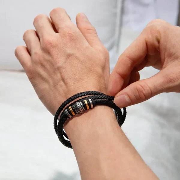 Custom Engraved Black Braided Leather Bracelet – Perfect Gift for Son