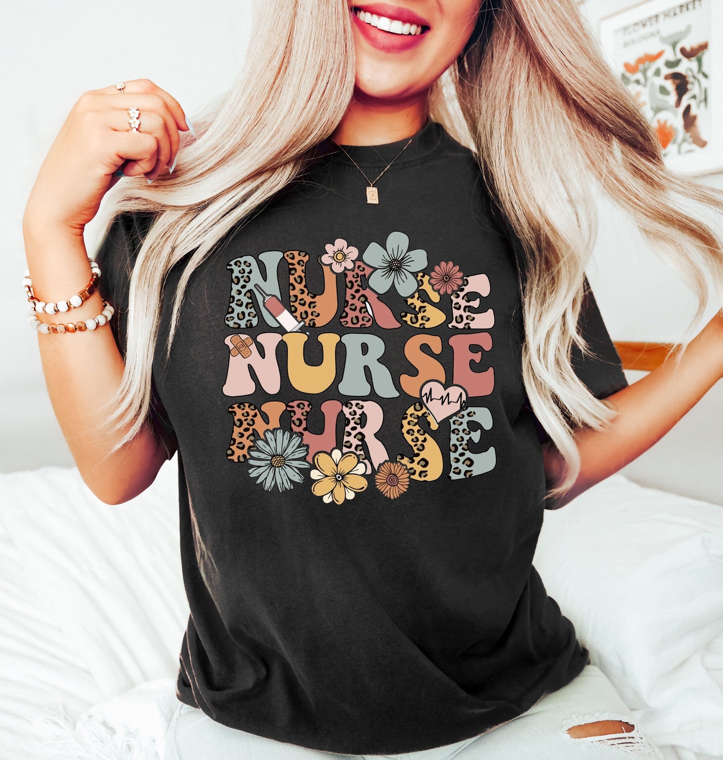 Wild Flowers Retro Nurse T-Shirt