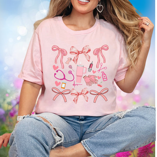 Cute Pink Coquette Bow Girly Nurse T-Shirt