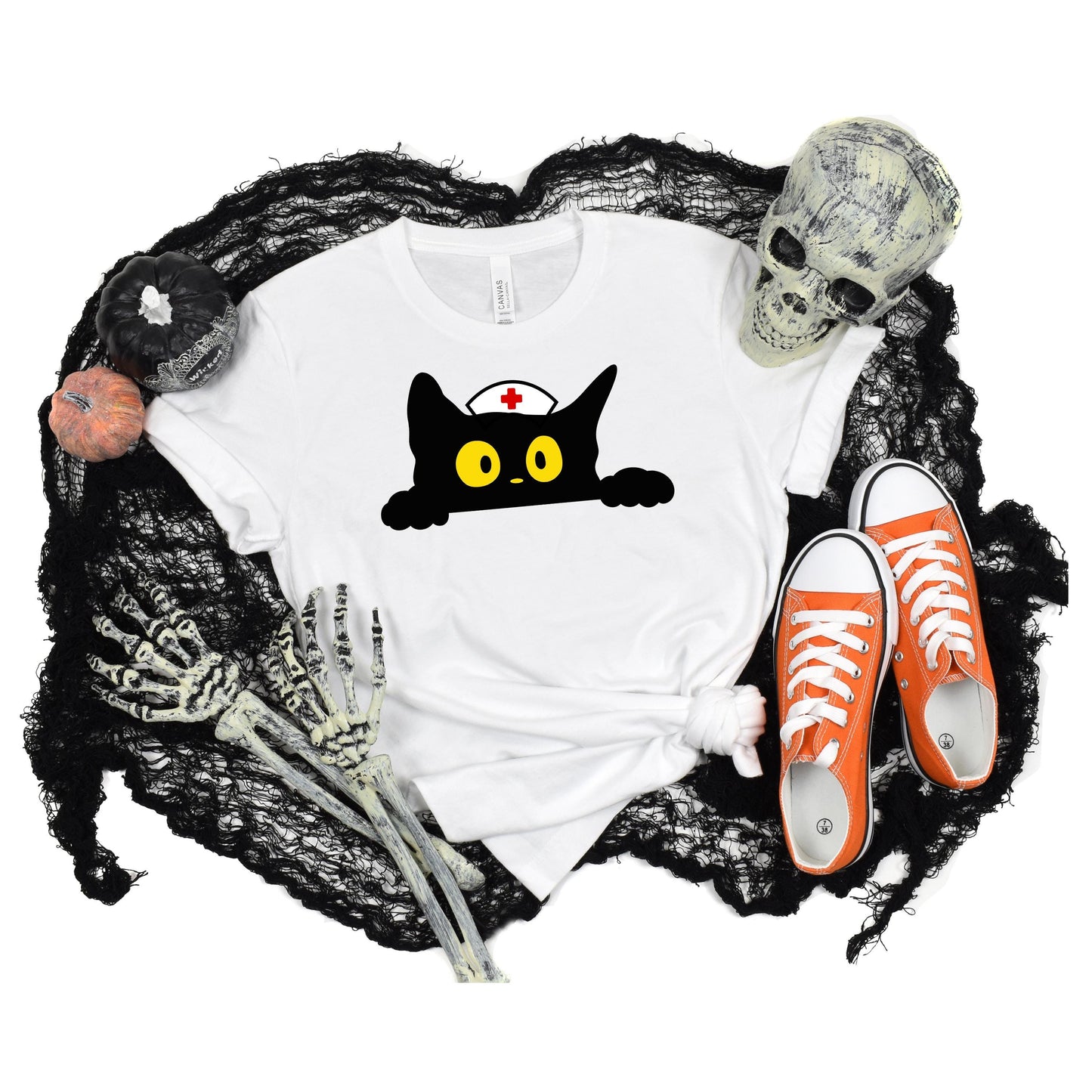 Black Cat Funny Halloween Nurse T-Shirt