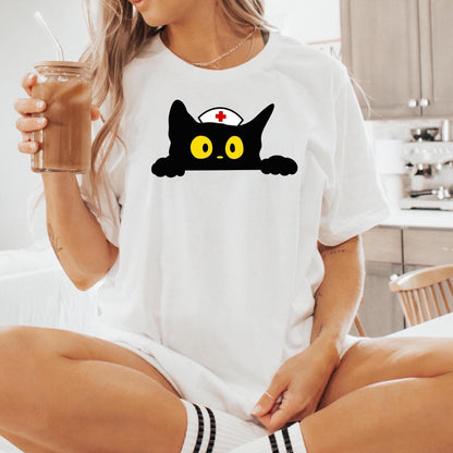 Black Cat Funny Halloween Nurse T-Shirt